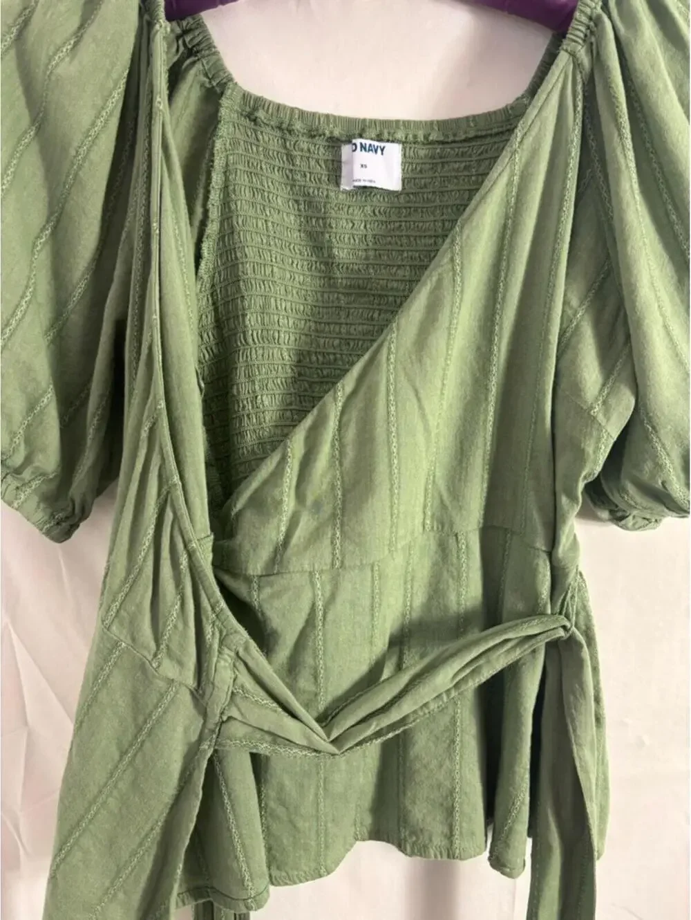 Sage Green Cotton‎ V Neck Babydoll Puff Sleeve Boho Whimsy Wrap Top Size XS-M